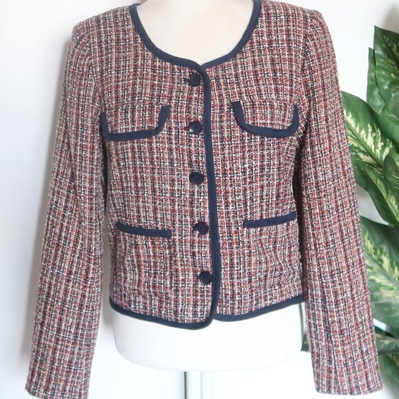 Soaked in Luxury Navy & Tan Tweed Blazer Bouclé Cropped Shoulder Pad Jacket Sz 6 - Picture 2 of 16